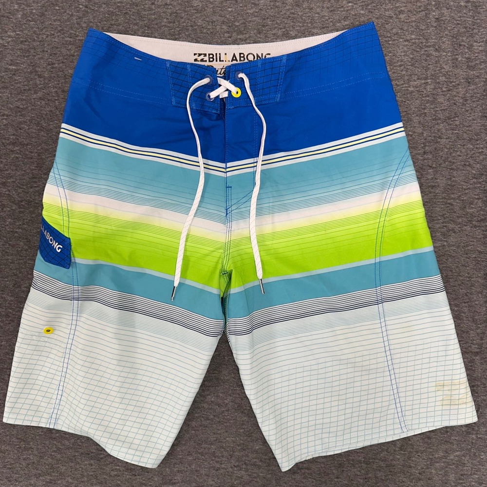 Billabong Board Blue Shorts Striped Swim Trunks Beach Surf Blue Green Size 32